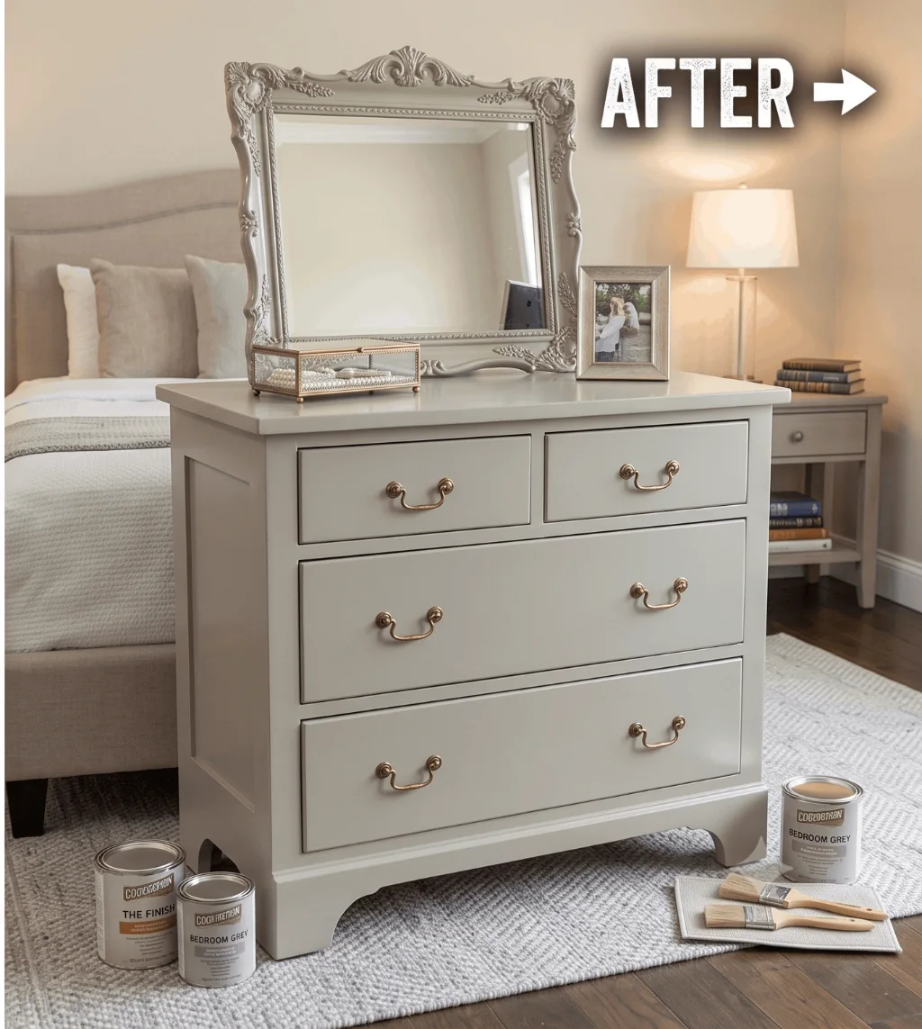 Restored dresser and ornate mirror refinished for a teenage daughter after structural drawer repairs.