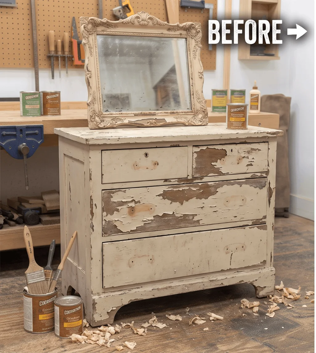 Worn Facebook Marketplace dresser and ornate mirror before refinishing and drawer repairs.