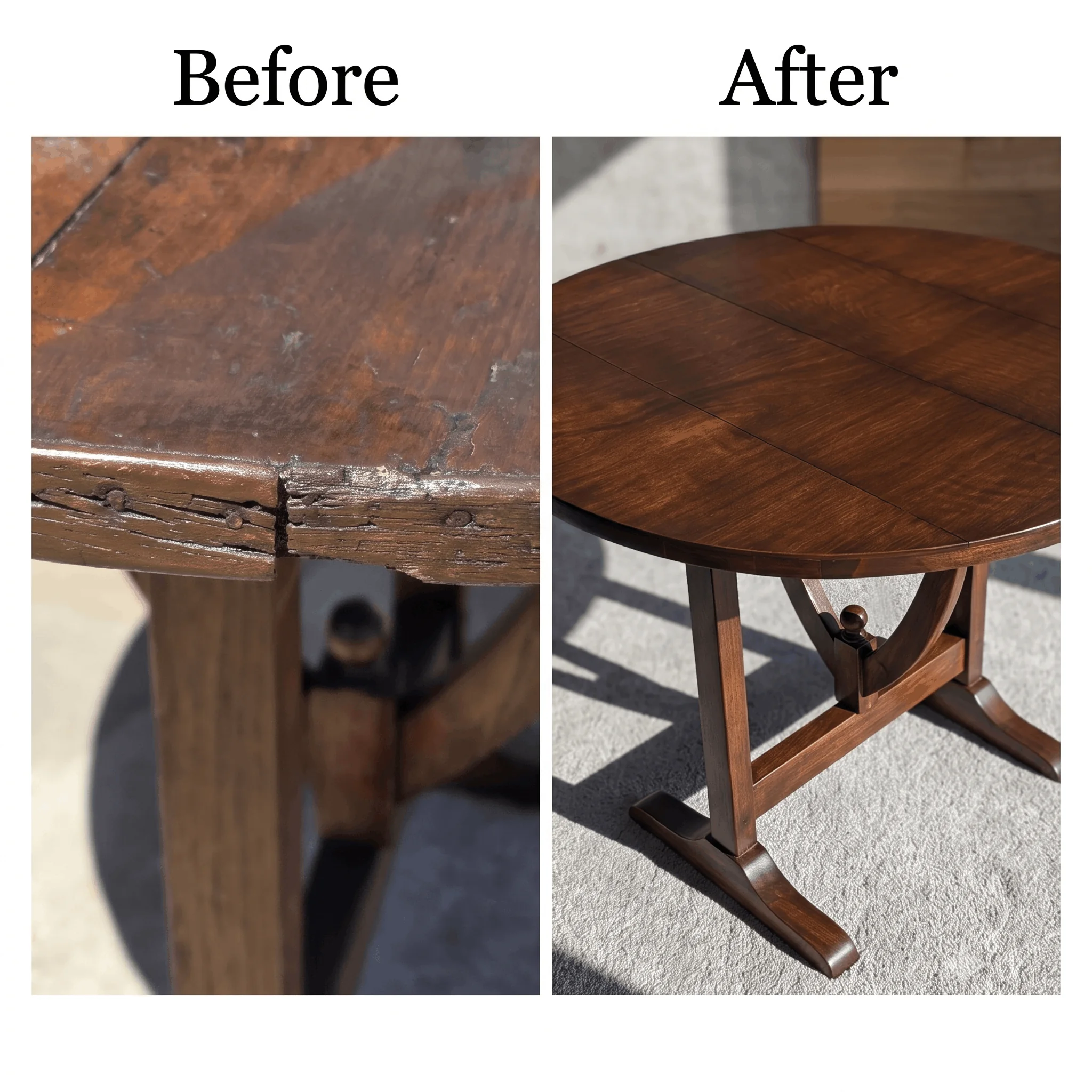 Before-and-after comparison showing termite destruction and the completed reconstruction of a round family table.