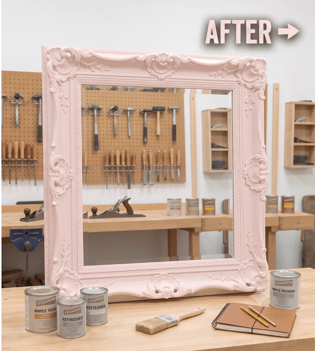 Restored ornate antique mirror after fire damage, digital reconstruction, CNC carving, refinishing, and replacement glass.