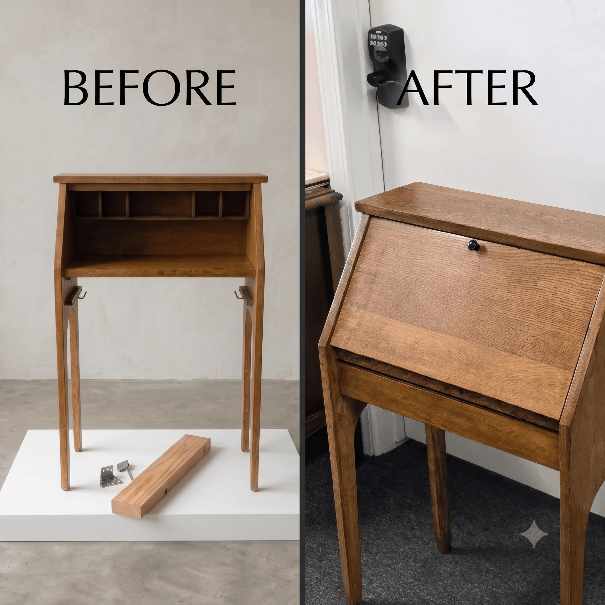 Before-and-after comparison of a scorched solid-oak secretary desk and its completed restoration.