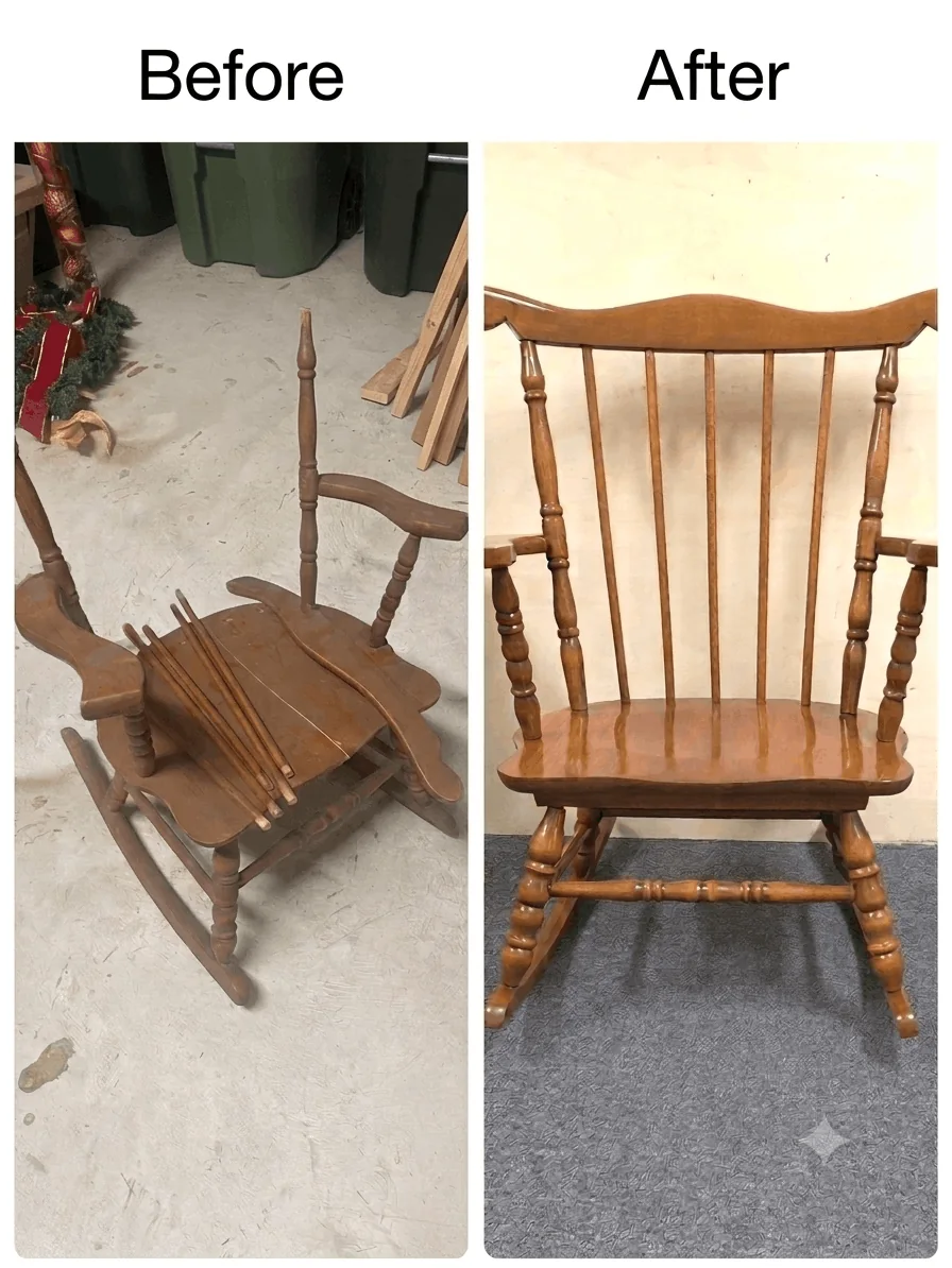 Before-and-after comparison of a broken child rocking chair and its completed restoration.