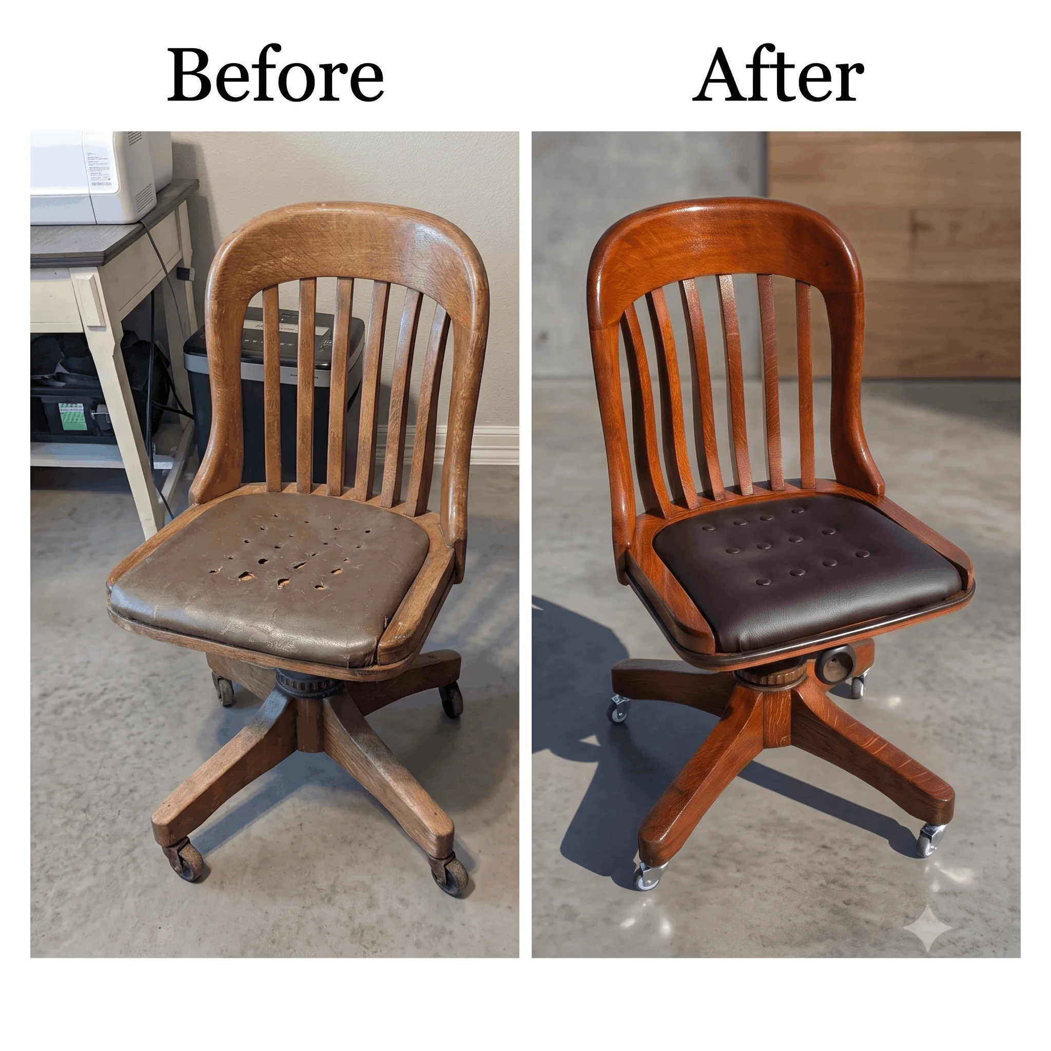 Before-and-after comparison of a worn vintage swivel chair and its complete mechanical, wood, and leather restoration.