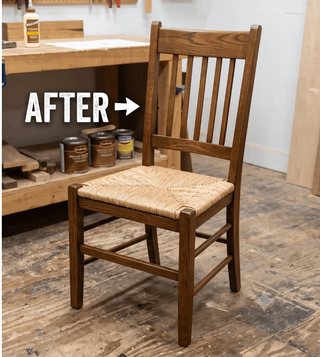 Restored woven-seat dining chair from a four-chair family set refinished for a daughter moving from Houston to Austin.