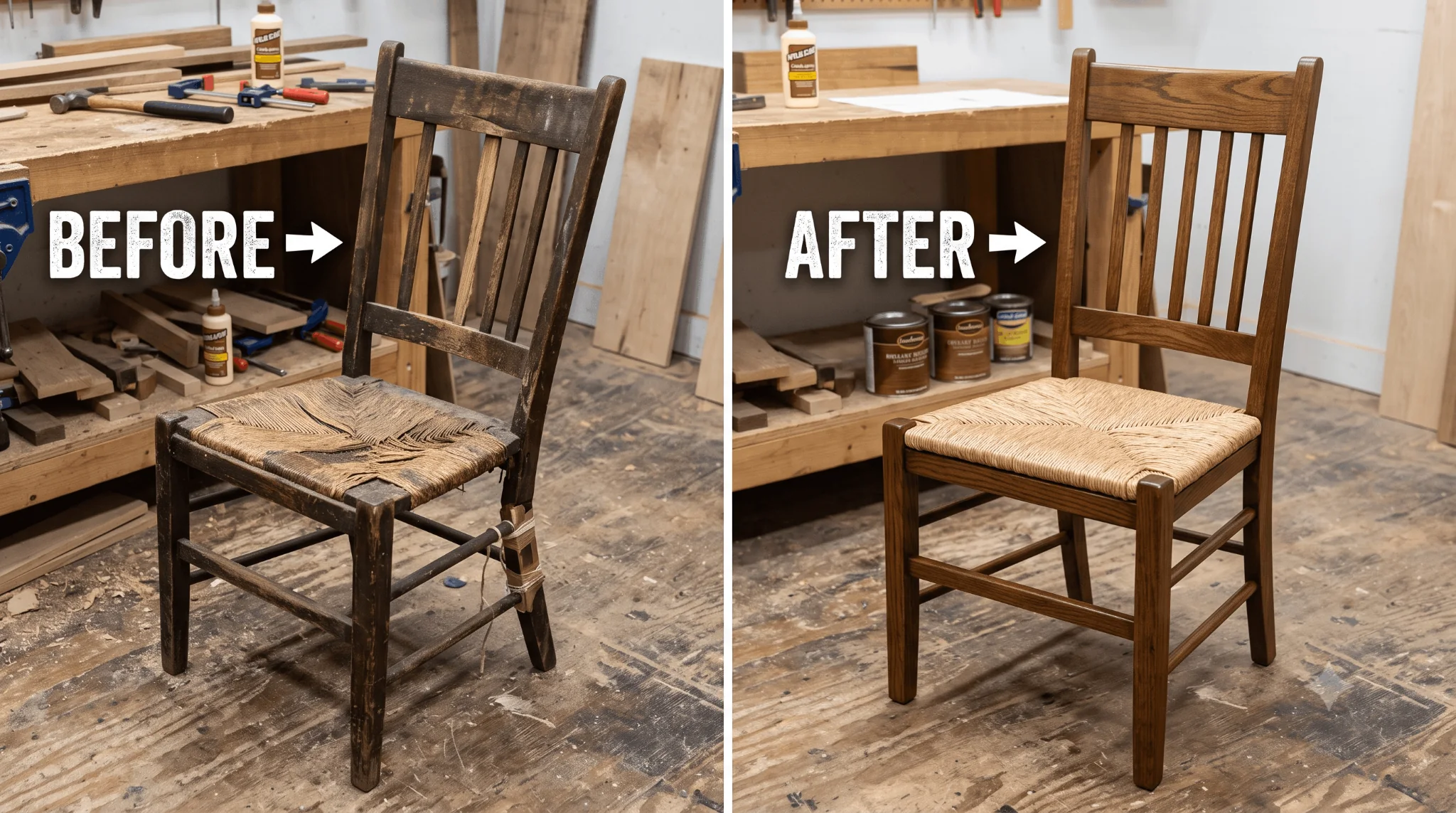 Before-and-after comparison of a worn woven-seat dining chair and its completed restoration.
