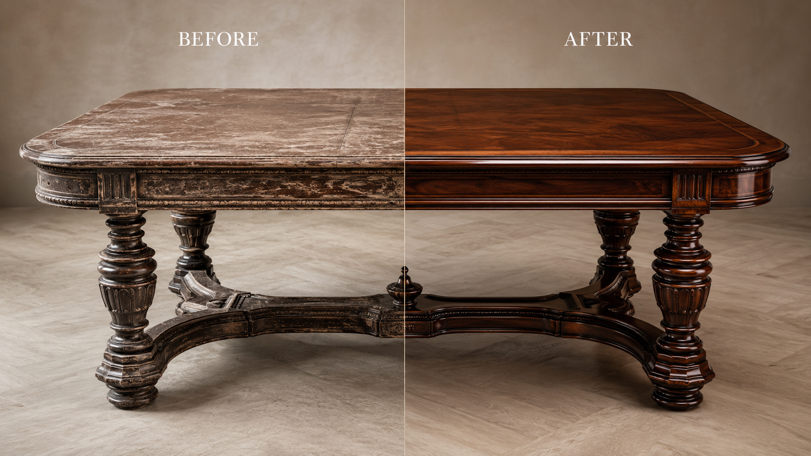 An ornate antique dining table shown before restoration on the left and richly refinished on the right.