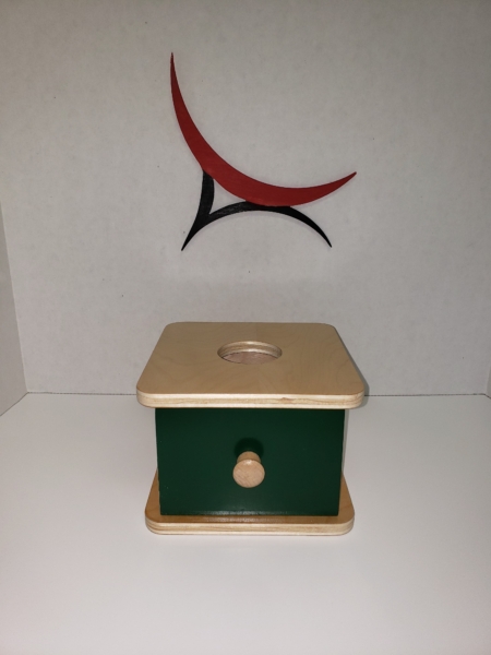 object permanence box with drawer and ball