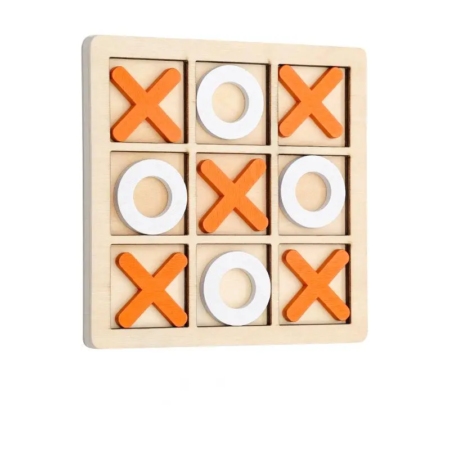 Tic tac toe board game with wooden game board and pieces