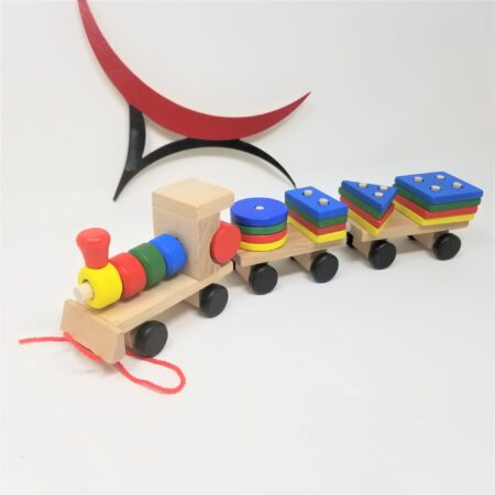 Wooden Geometric Shapes Sorting Train: A colorful educational toy for shape recognition and problem-solving.