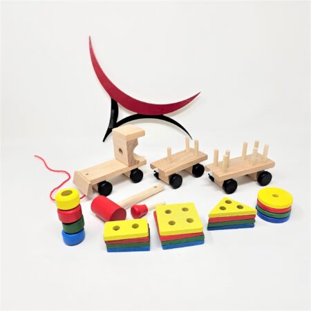Educational Wooden Toy Train with Shape Sorting Activity: Promoting early cognitive development.