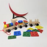 Vibrant Wooden Train with Geometric Shape Sorting: Fun and educational toy for toddlers.