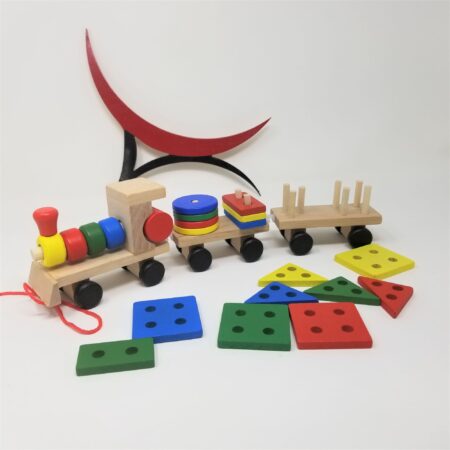 Vibrant Wooden Train with Geometric Shape Sorting: Fun and educational toy for toddlers.