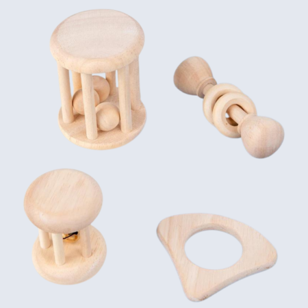 Montessori wooden rattle toy with bell tumbler, ball tumbler, and teething toy, promoting sensory exploration and fine motor skills in infants and toddlers